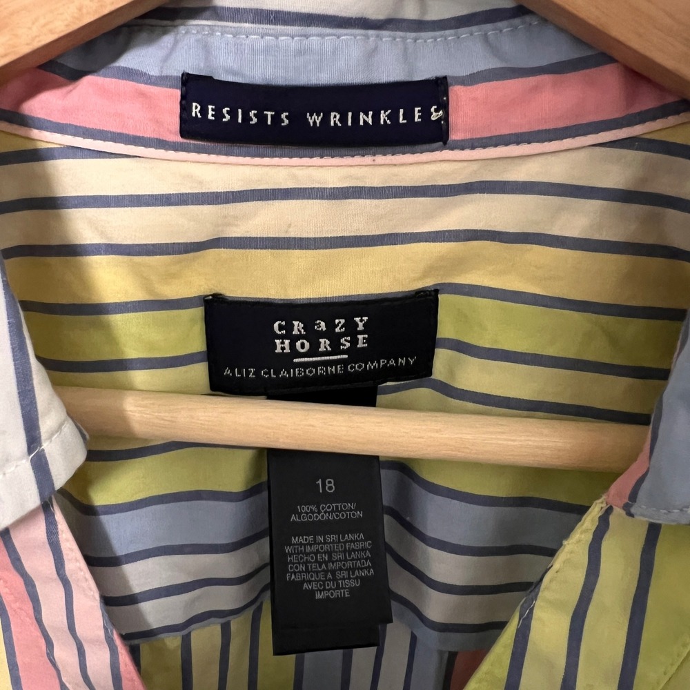 Crazy Horse Cotton Striped Button Down 3/4 Sleeve Pastel Top Size 18 - Picture 5 of 6